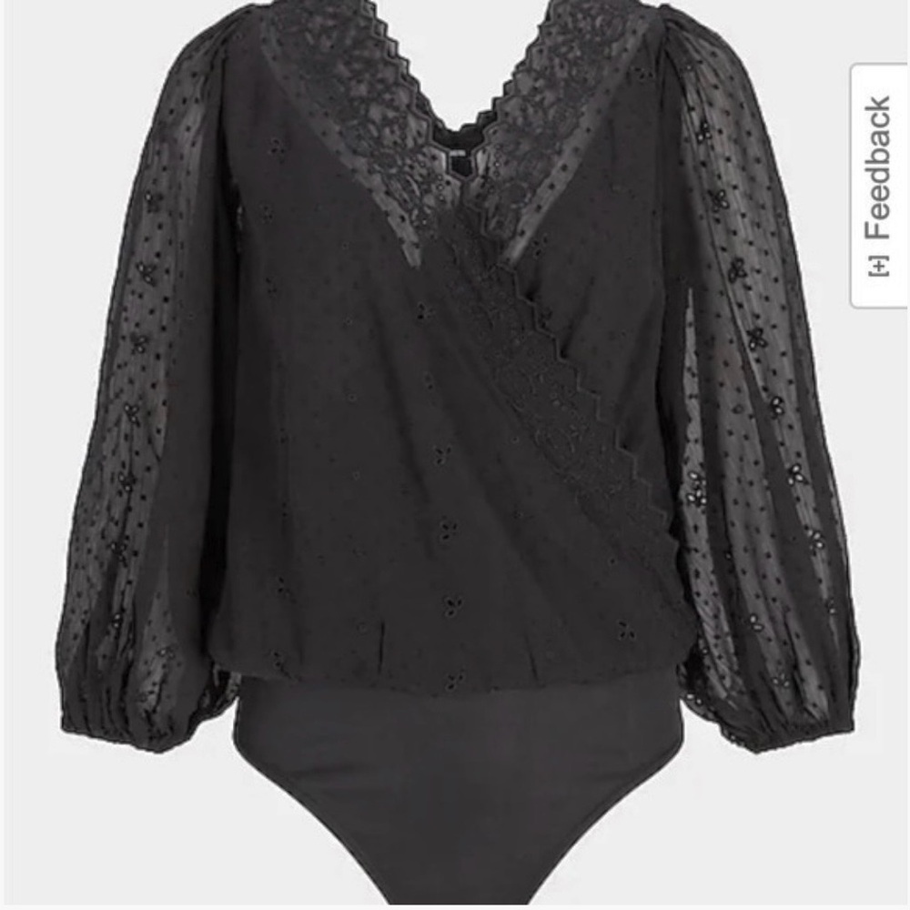 Express Eyelet Faux Wrap Black Vneck Thong Bodysuit XS NEW balloon sleeve